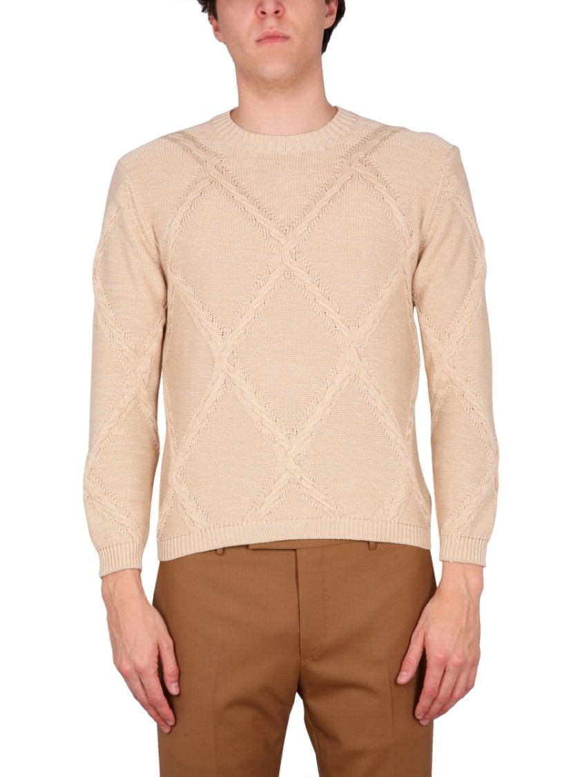 Ballantyne Cotton Cable Stitch Crew Neck Sweater Neutraal
