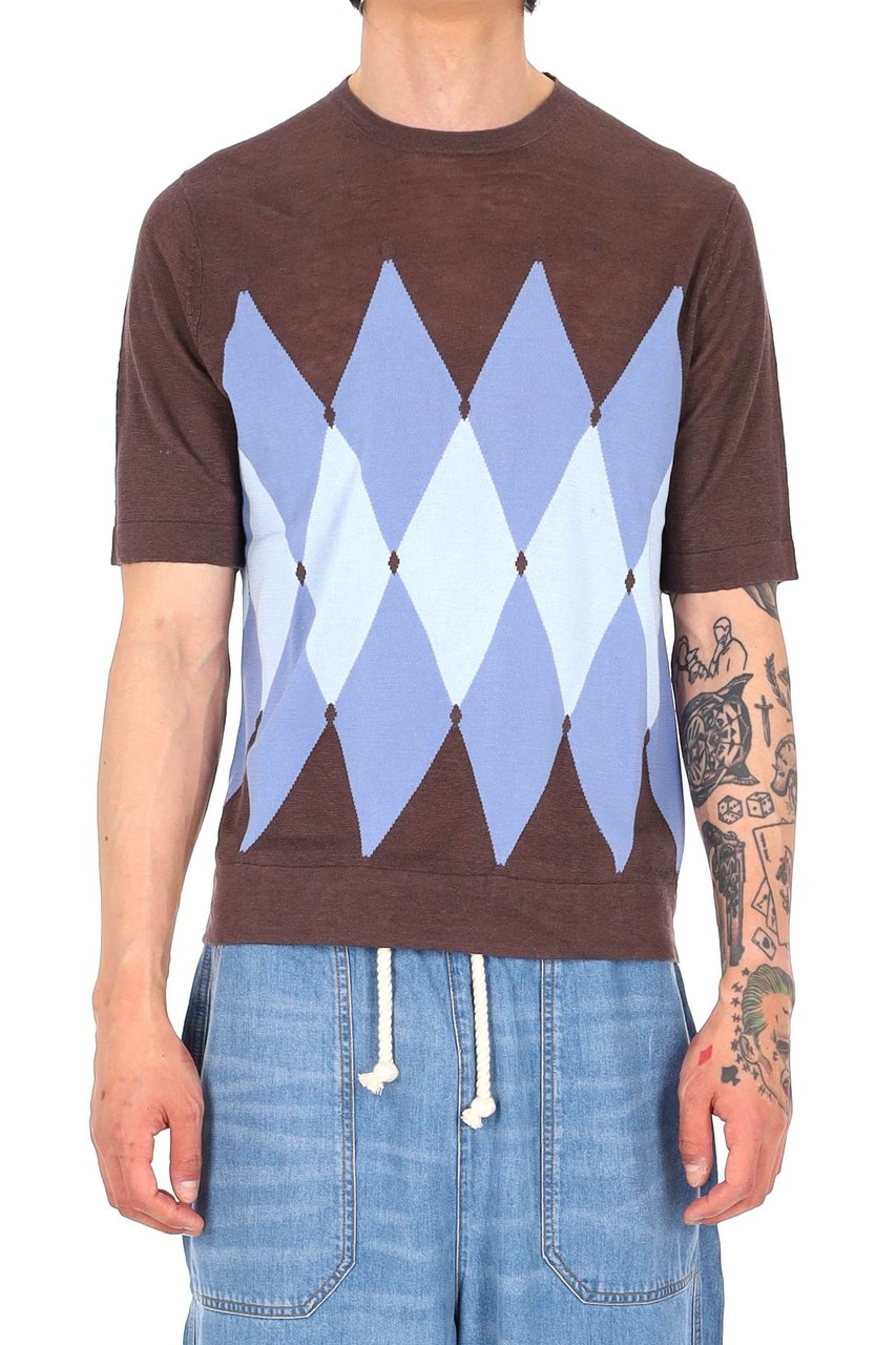 Ballantyne Brown Blue Diamond Argyle T-Shirt Blauw