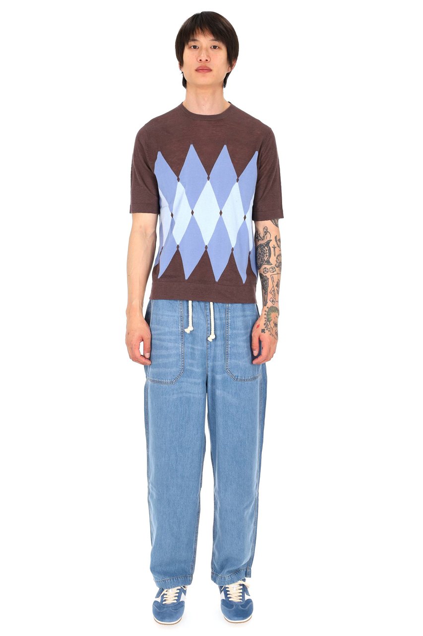 Ballantyne Brown Blue Diamond Argyle T-Shirt Blauw