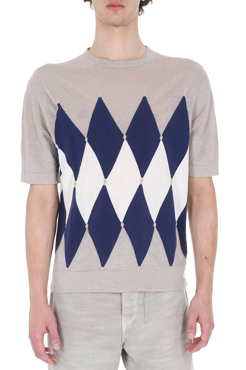 Ballantyne Multicolored Diamond Argyle Linen-Cotton T-Shirt Roze