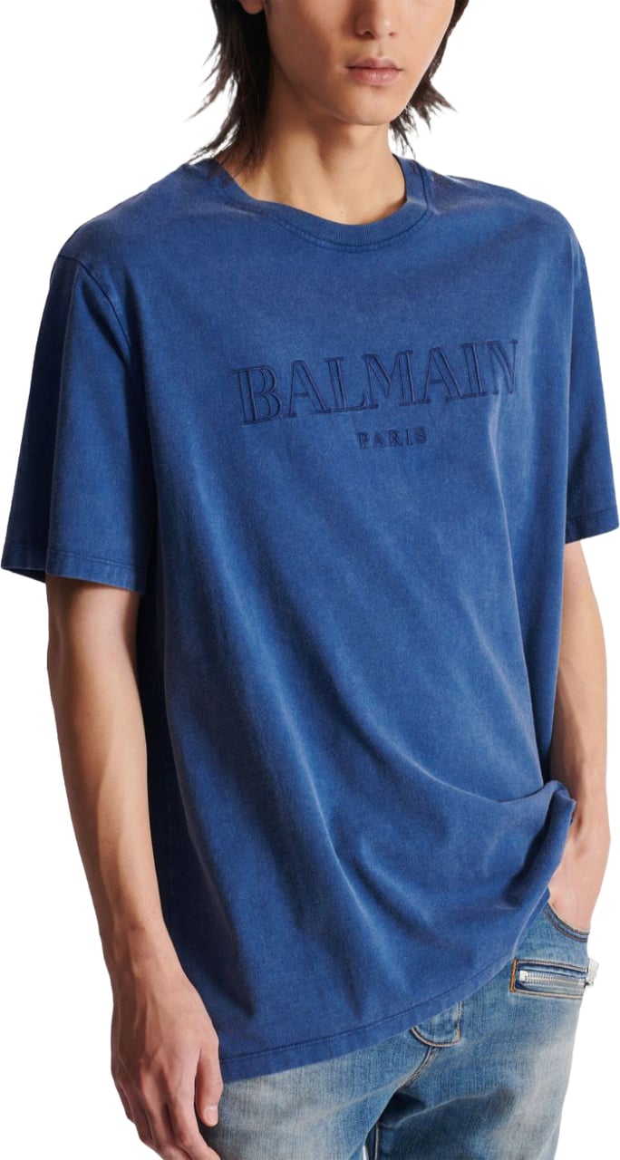 Balmain Navy Blue Cotton Logo Print T-Shirt Blauw
