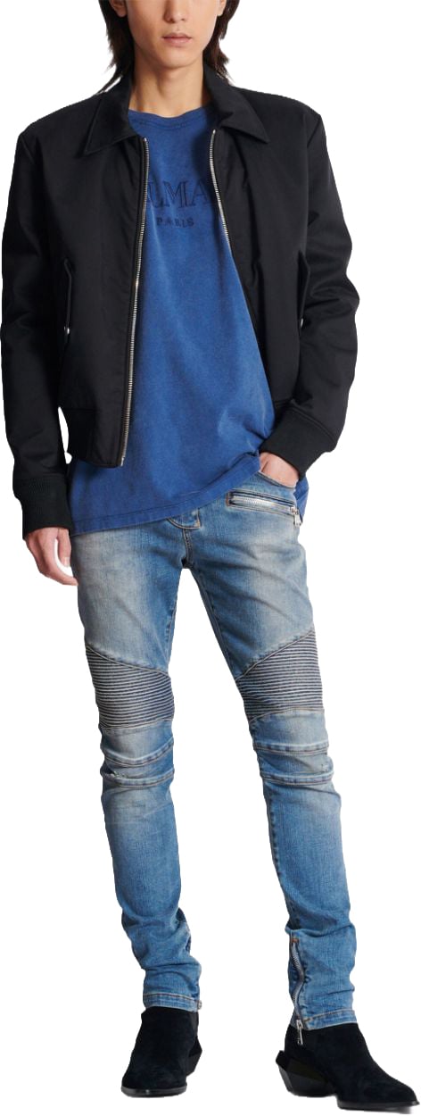 Balmain Navy Blue Cotton Logo Print T-Shirt Blauw