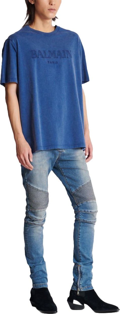 Balmain Navy Blue Cotton Logo Print T-Shirt Blauw