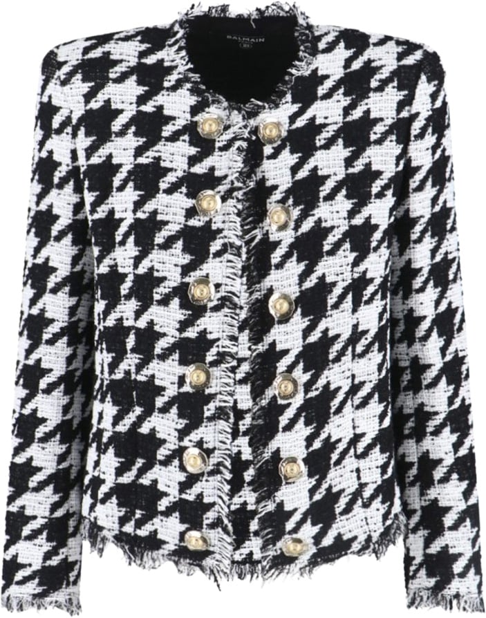 Balmain Classic Houndstooth Jacket With Gold-Tone Accents Zwart