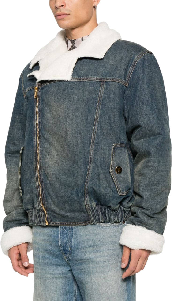 Balmain Denim Jacket with Shearling Collar Grijs