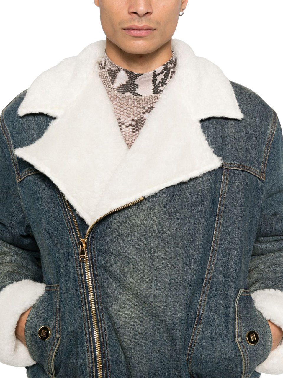 Balmain Denim Jacket with Shearling Collar Grijs