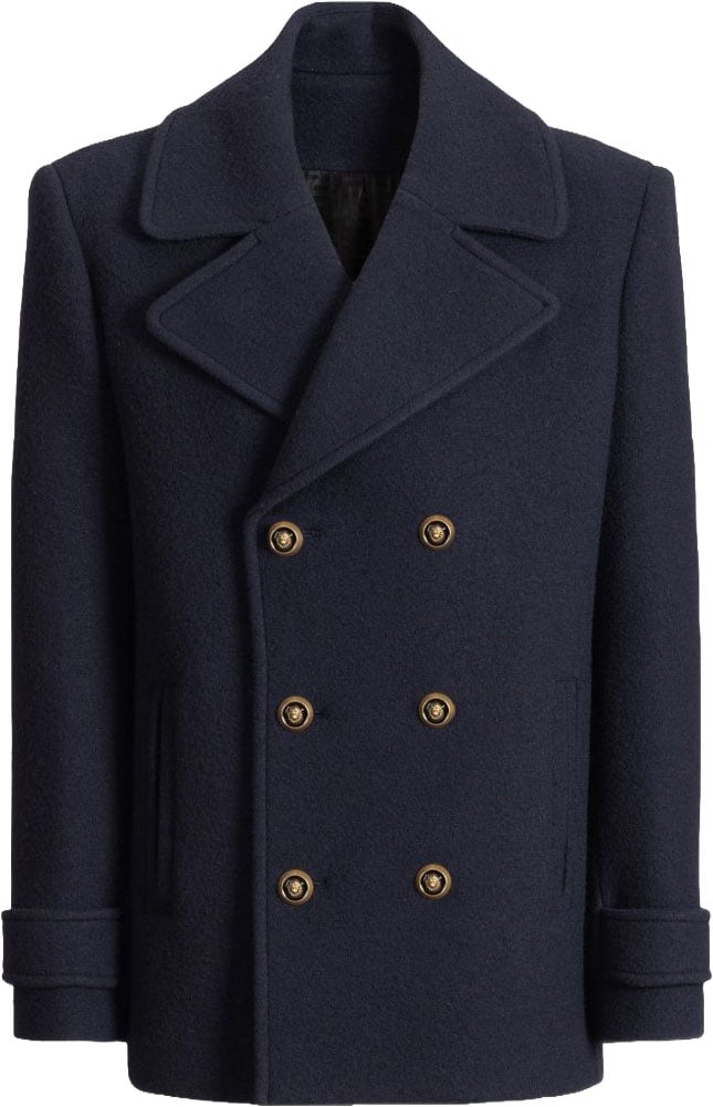 Balmain Boxy Double-Breasted Peacoat with Gold-Tone Details Blauw