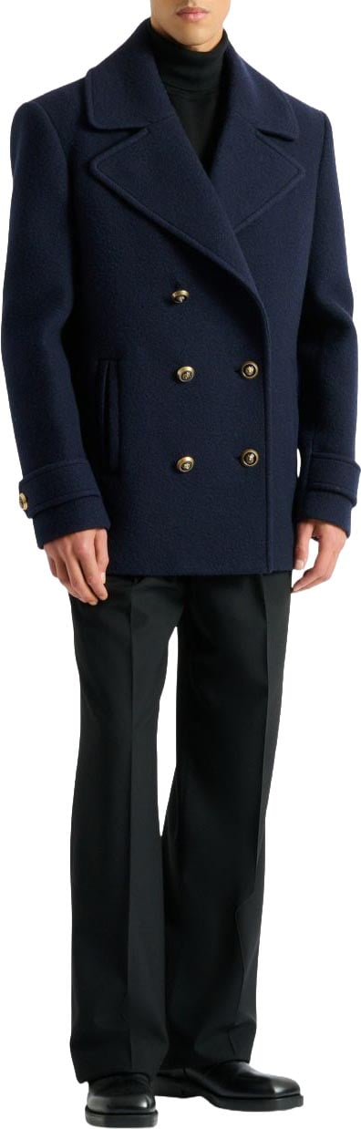 Balmain Boxy Double-Breasted Peacoat with Gold-Tone Details Blauw
