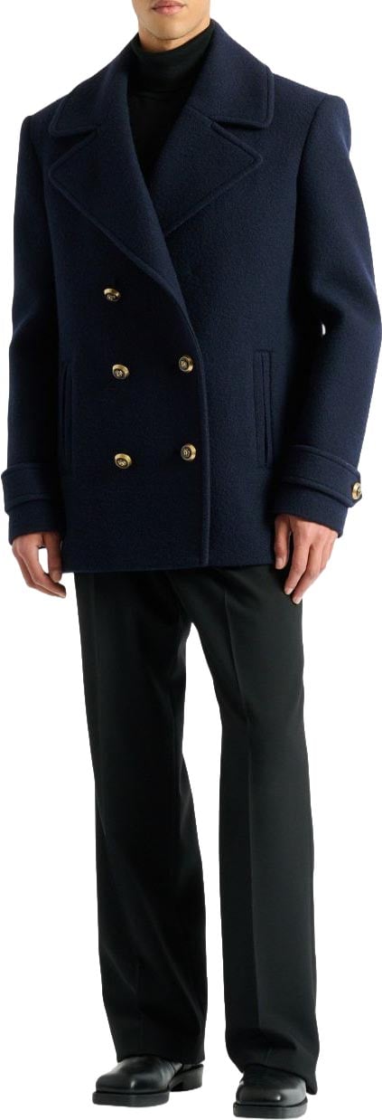 Balmain Boxy Double-Breasted Peacoat with Gold-Tone Details Blauw