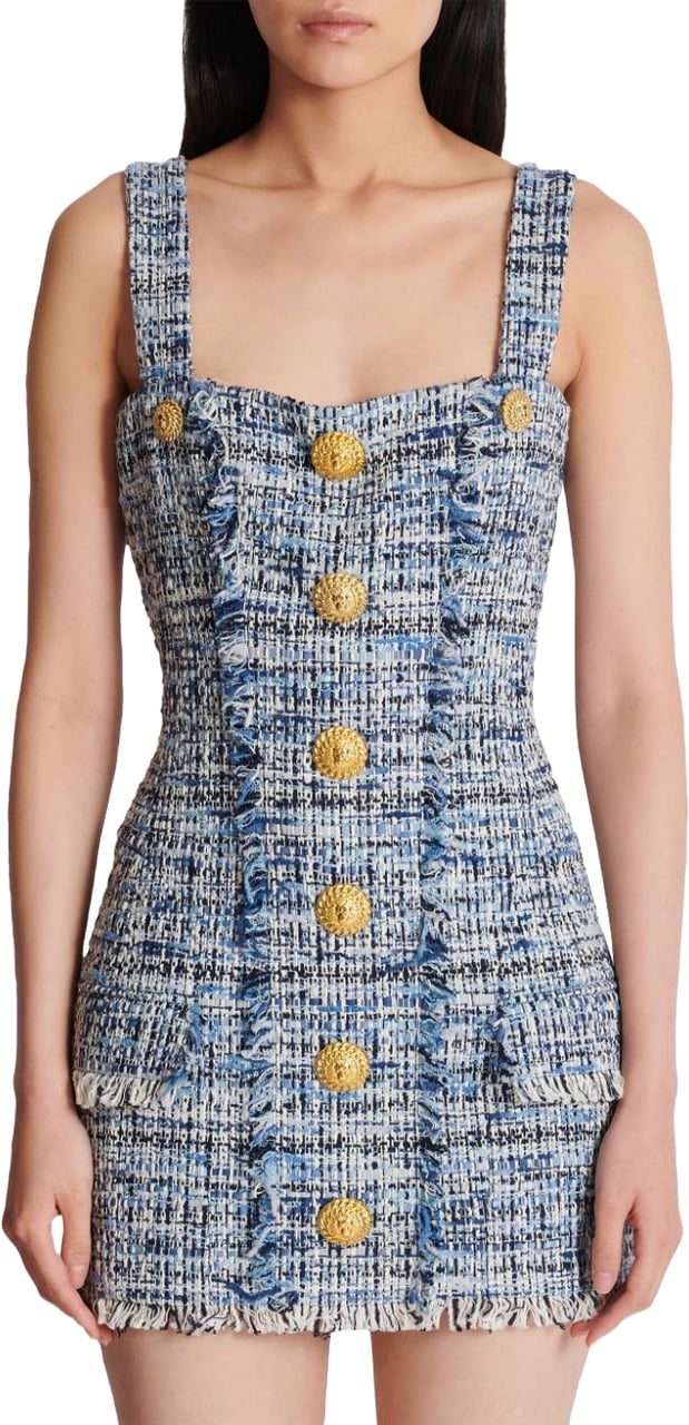 Balmain Fitted Blue-Grey Tweed Mini Dress Grijs