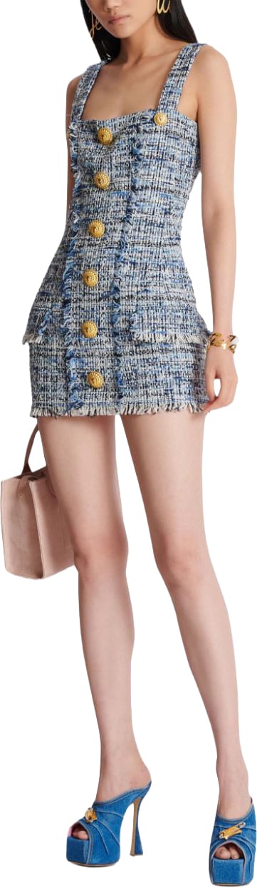 Balmain Fitted Blue-Grey Tweed Mini Dress Grijs