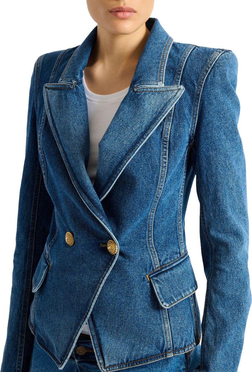Balmain Structured Denim Jacket with Tailored Fit Blauw