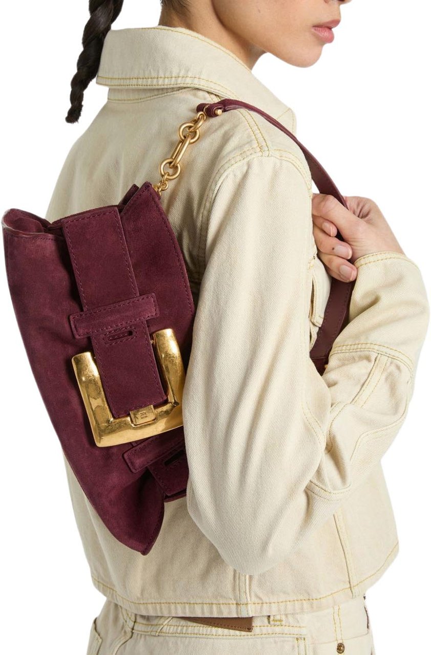 Balmain Burgundy Suede Shoulder Bag with Oversized Gold Buckle Maroon