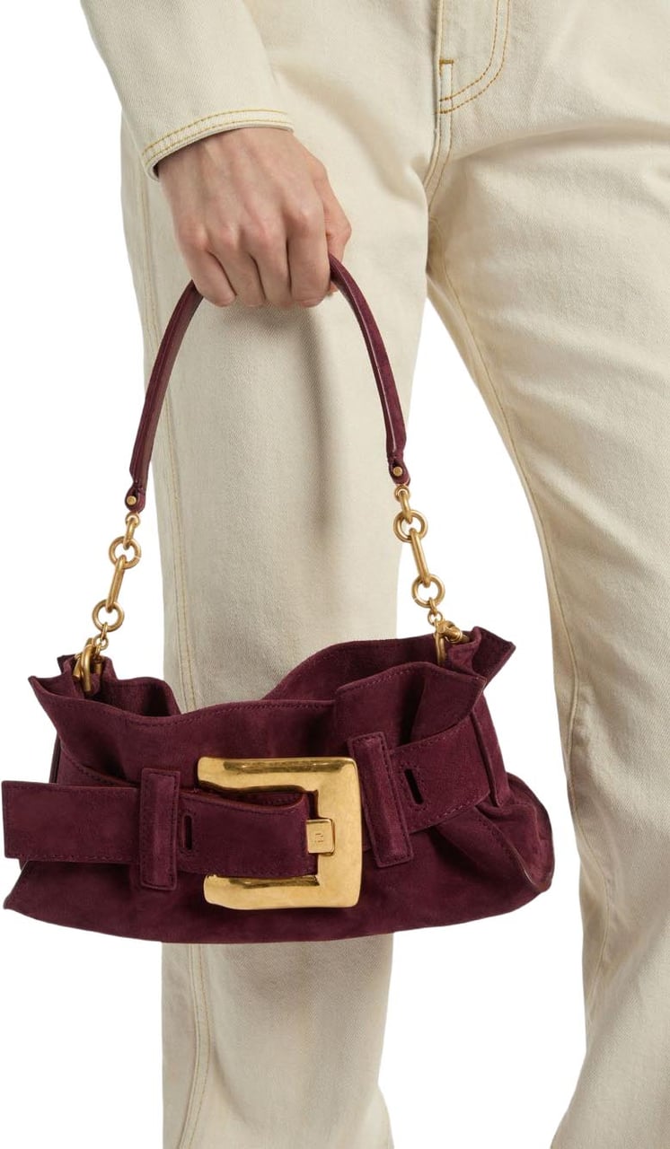Balmain Burgundy Suede Shoulder Bag with Oversized Gold Buckle Maroon