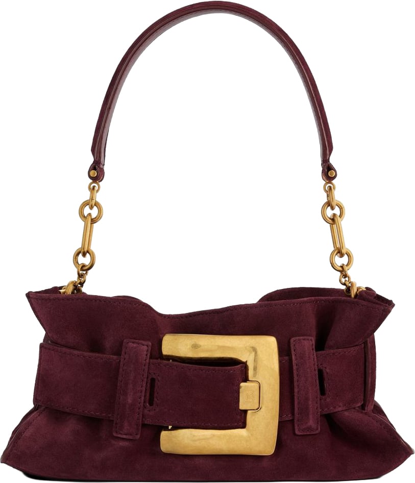 Balmain Burgundy Suede Shoulder Bag with Oversized Gold Buckle Maroon