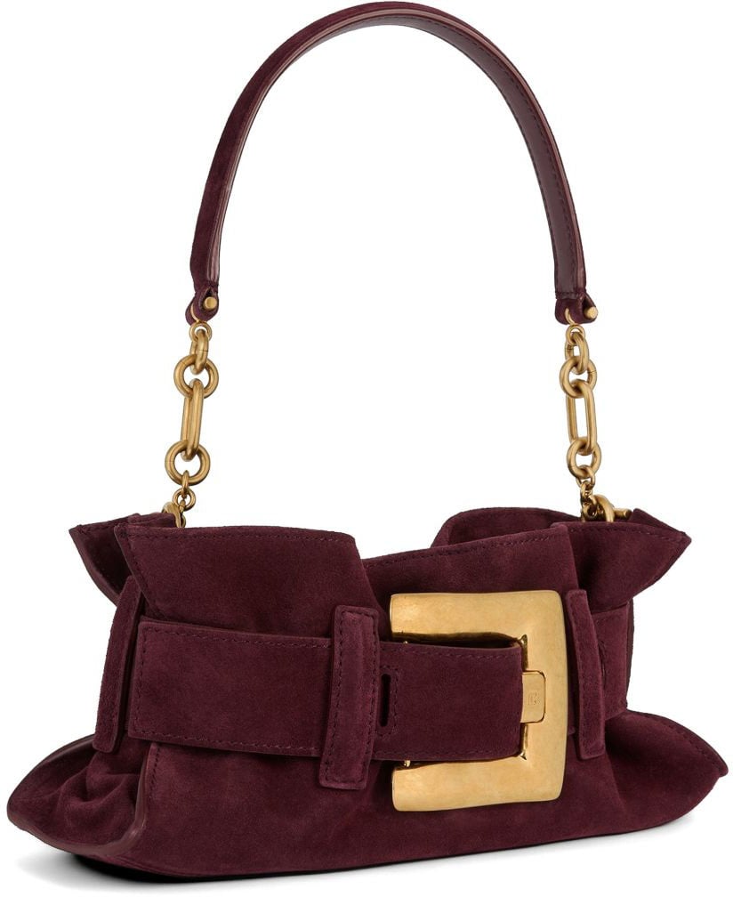 Balmain Burgundy Suede Shoulder Bag with Oversized Gold Buckle Maroon