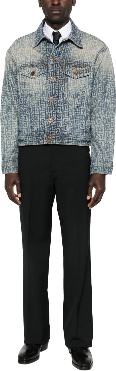 Balmain Faded Denim Jacket with Monogram Pattern Grijs