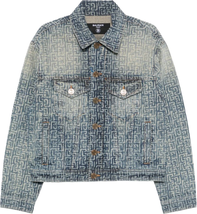 Balmain Faded Denim Jacket with Monogram Pattern Grijs