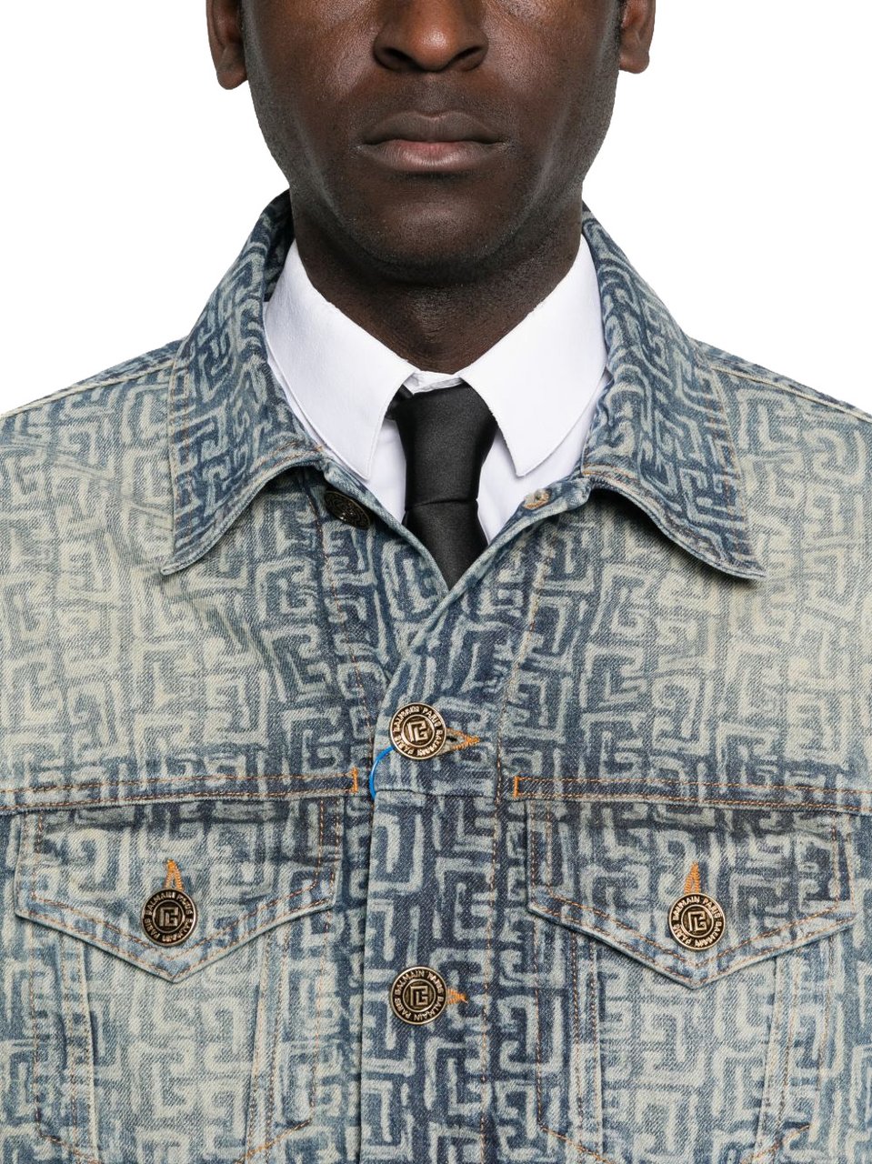 Balmain Faded Denim Jacket with Monogram Pattern Grijs