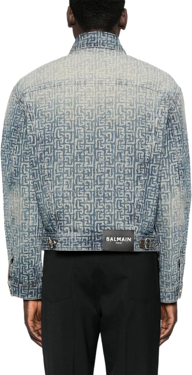 Balmain Faded Denim Jacket with Monogram Pattern Grijs