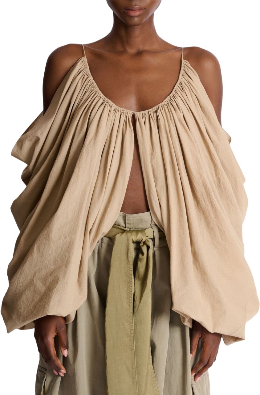 Balmain Beige Gathered Cut Out Cotton Top Neutraal