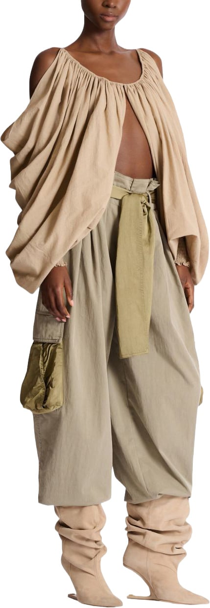 Balmain Beige Gathered Cut Out Cotton Top Neutraal