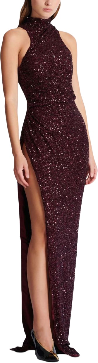 Balmain Burgundy Silk Maxi Dress Zwart