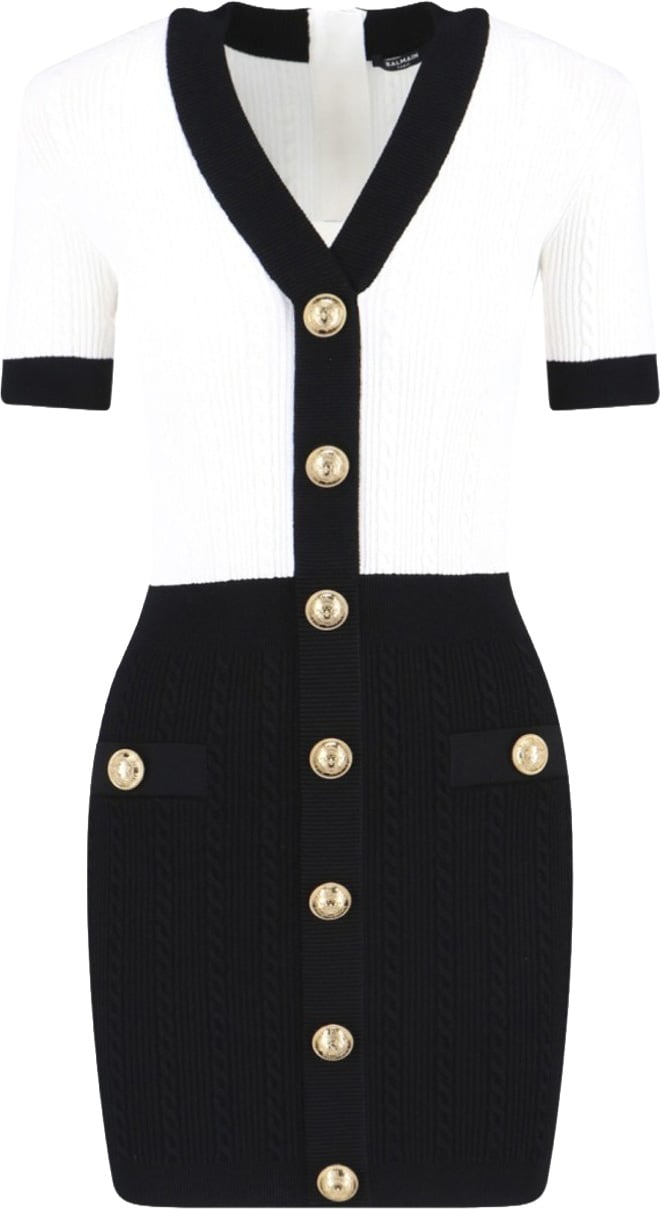 Balmain Fitted Black Dress With Ribbed Texture And Gold Accents Wit