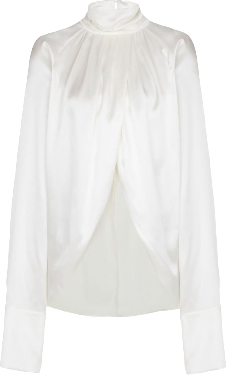 Balmain High-Neck White Top With Gathered Draped Front Wit