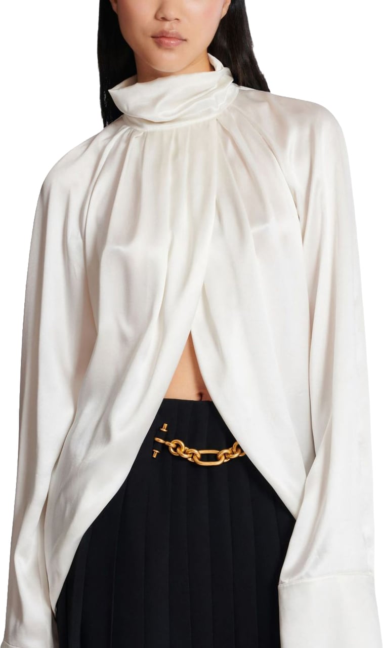 Balmain High-Neck White Top With Gathered Draped Front Wit