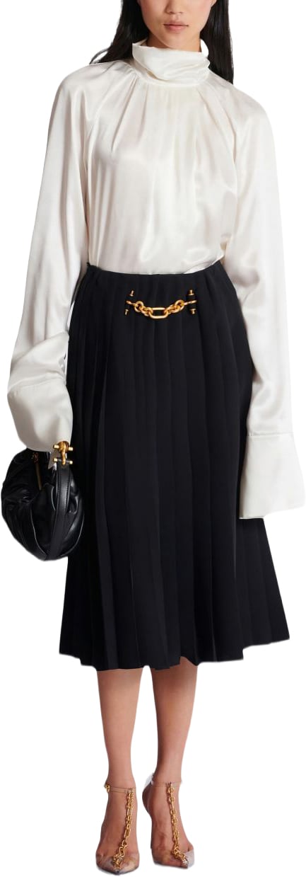Balmain High-Neck White Top With Gathered Draped Front Wit