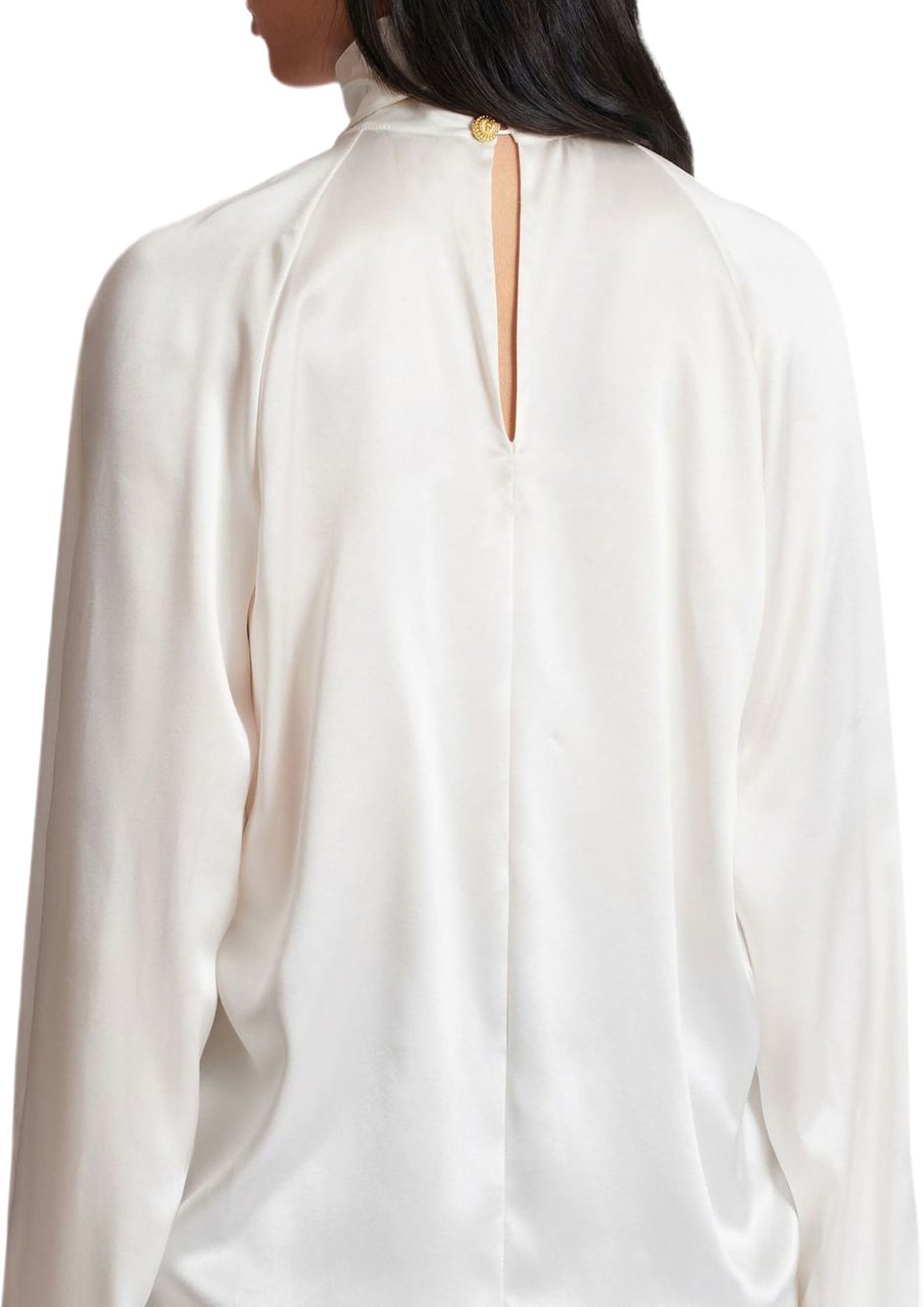 Balmain High-Neck White Top With Gathered Draped Front Wit
