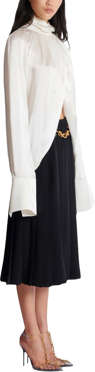 Balmain High-Neck White Top With Gathered Draped Front Wit