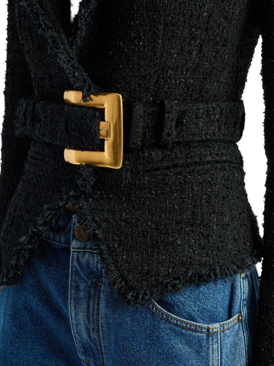 Balmain Tailored Black Tweed Jacket with Notched Lapel Zwart