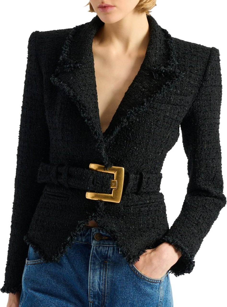Balmain Tailored Black Tweed Jacket with Notched Lapel Zwart