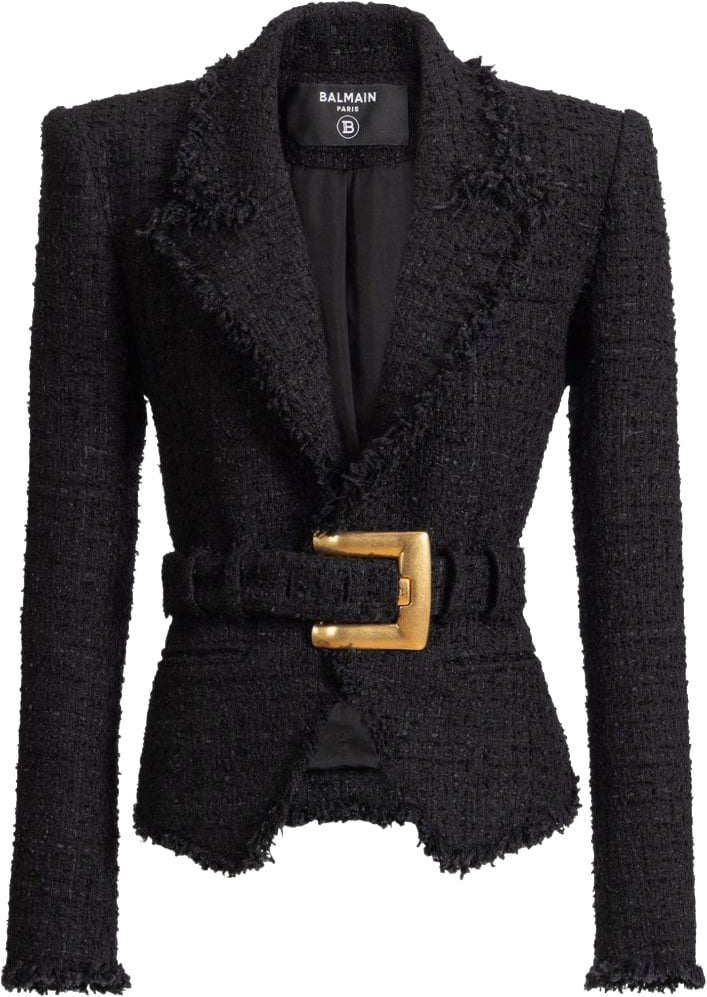 Balmain Tailored Black Tweed Jacket with Notched Lapel Zwart
