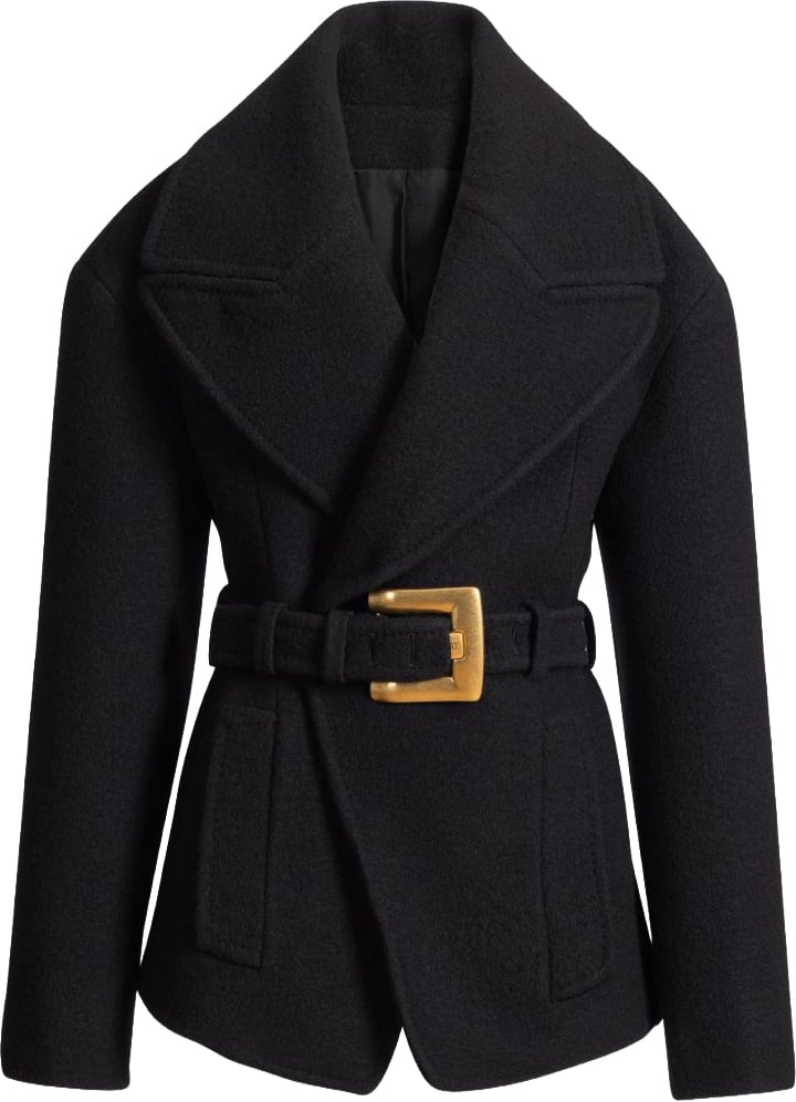 Balmain Structured Black Coat with Wide Lapel Zwart