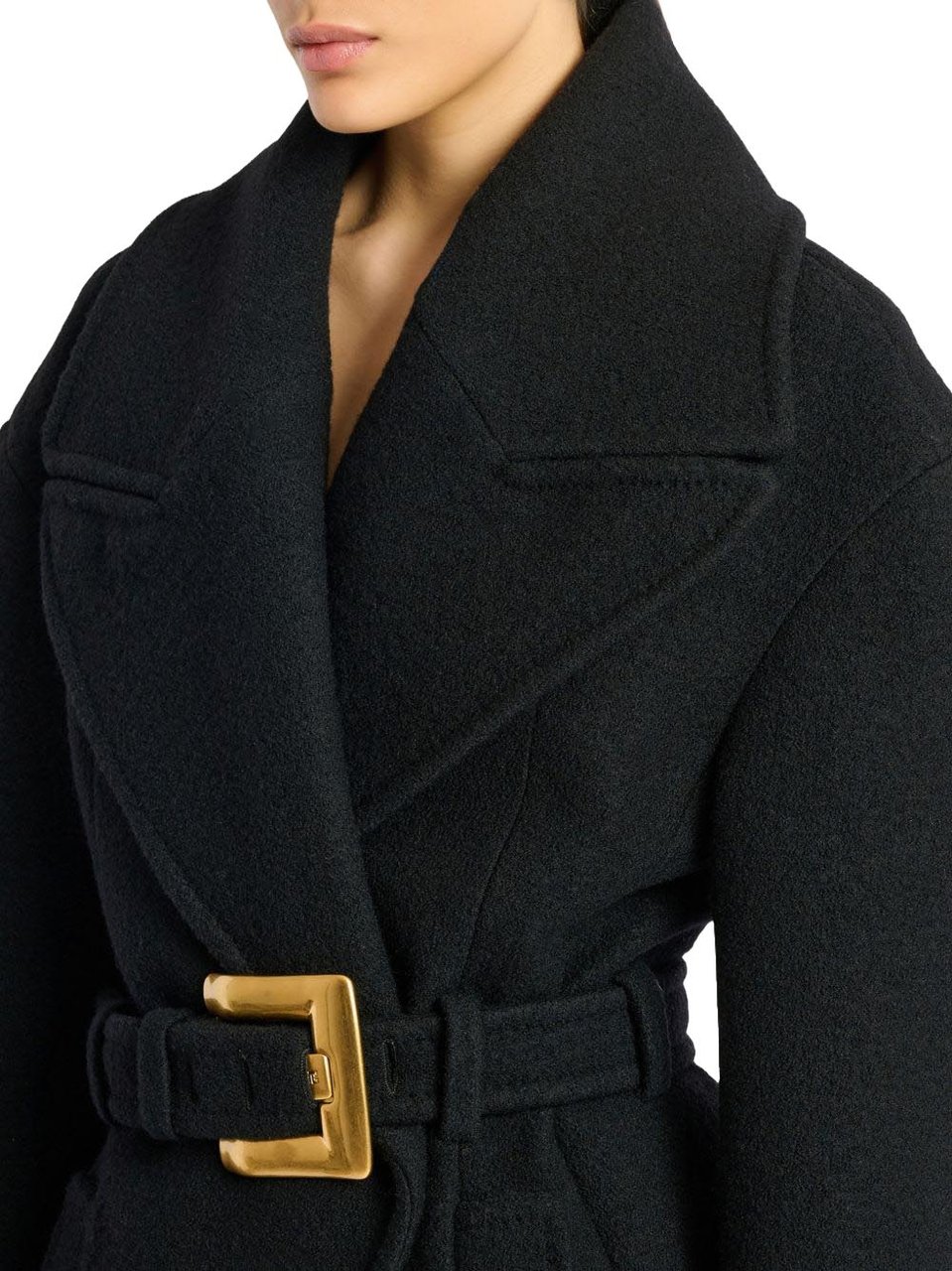 Balmain Structured Black Coat with Wide Lapel Zwart