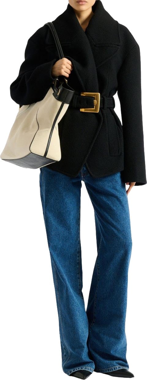 Balmain Structured Black Coat with Wide Lapel Zwart