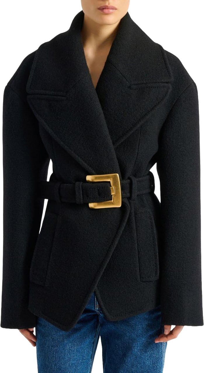 Balmain Structured Black Coat with Wide Lapel Zwart