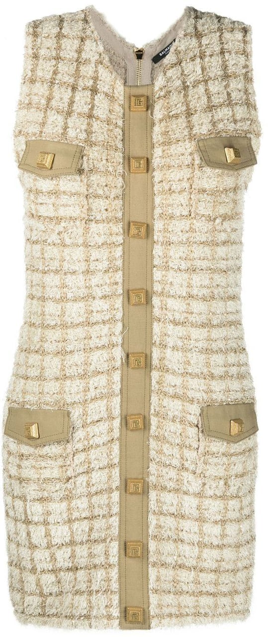 Balmain Checkered Tweed Short Sleeveless Mini Dress Neutraal