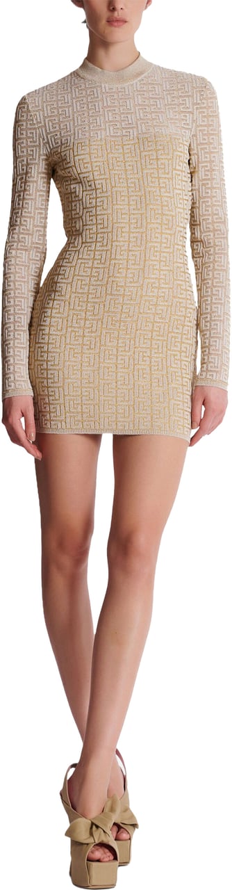 Balmain Neutral Abito Fitted Knit Monogram Dress Neutraal