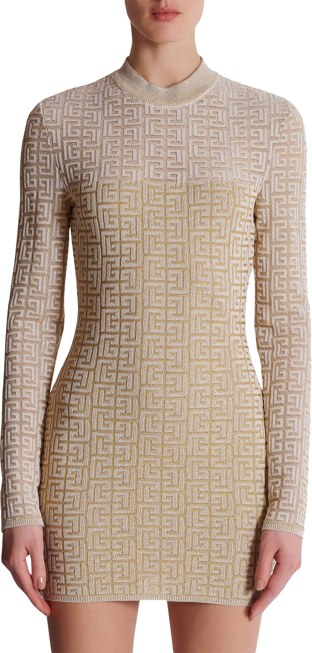 Balmain Neutral Abito Fitted Knit Monogram Dress Neutraal