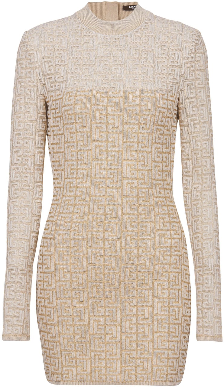 Balmain Neutral Abito Fitted Knit Monogram Dress Neutraal