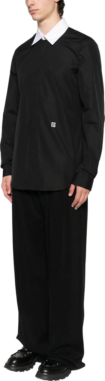 Balmain Black Ls Shirt White Collar Shirt Zwart