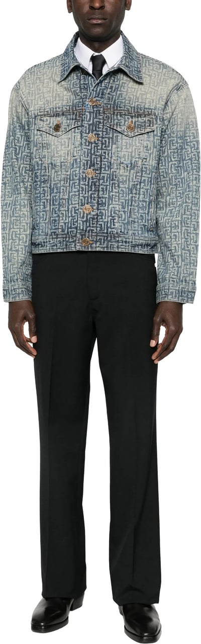Balmain Faded Blue Monogram Monogram Denim Jacket Grijs