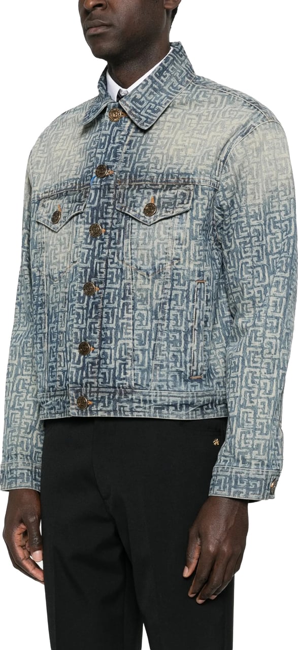 Balmain Faded Blue Monogram Monogram Denim Jacket Grijs