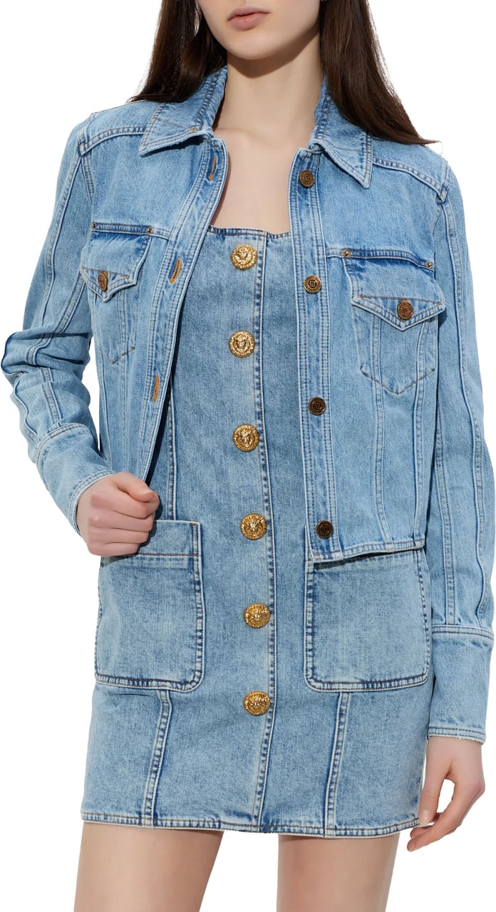 Balmain Cropped Light Blue Denim Jacket Blauw