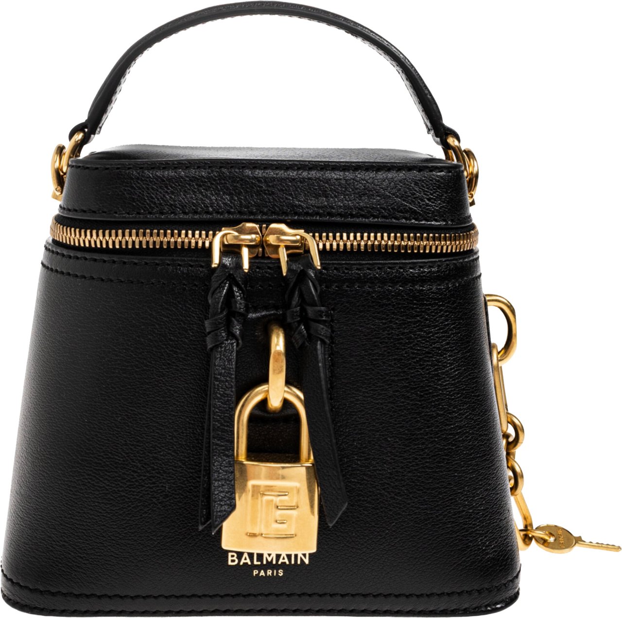 Balmain Black Zipped MM Leather Shoulder Bag Zwart