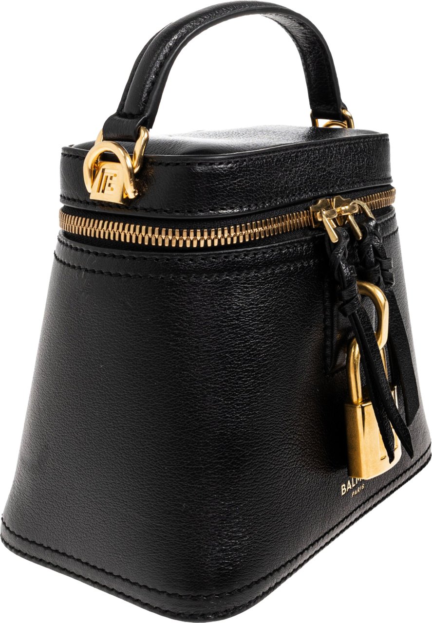 Balmain Black Zipped MM Leather Shoulder Bag Zwart